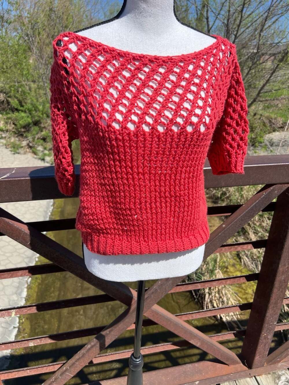 Handmade Red Open Stitch Crochet Short Sleeve Sweater Top